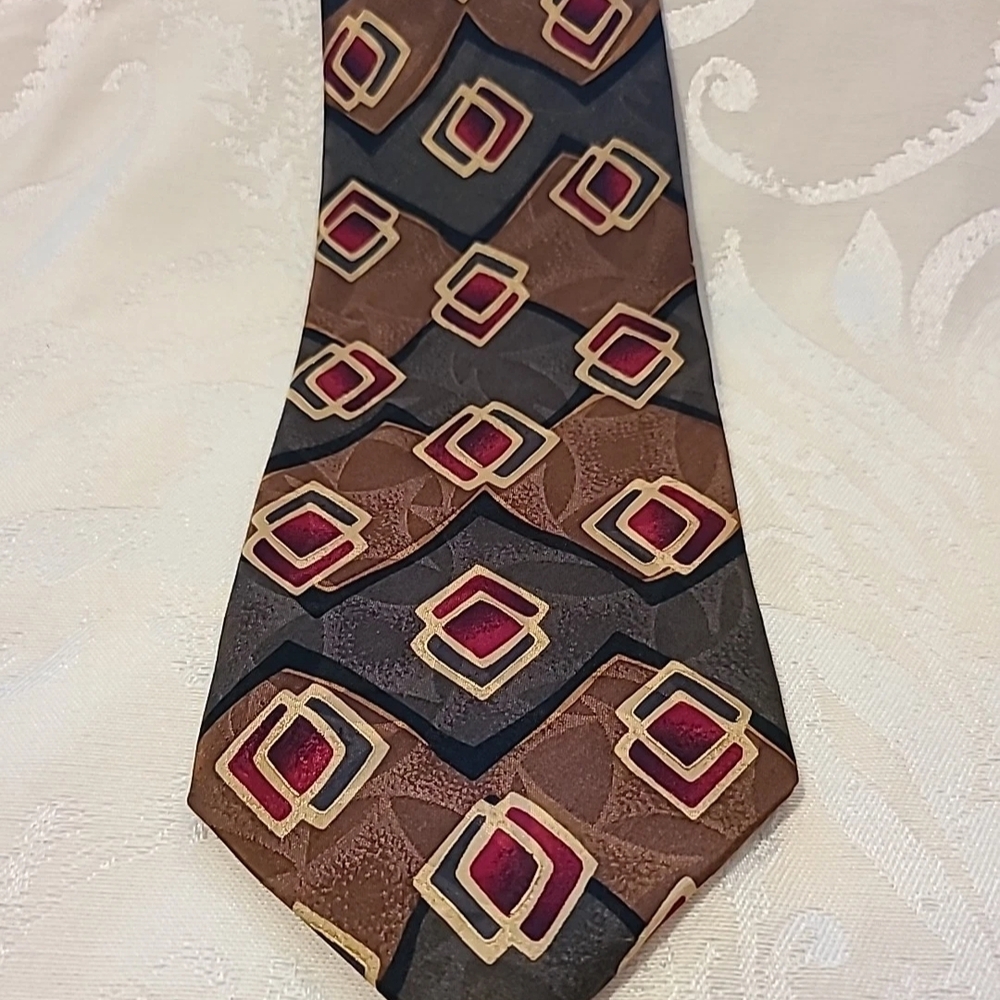 Brown and Red Silk Geometric Tie